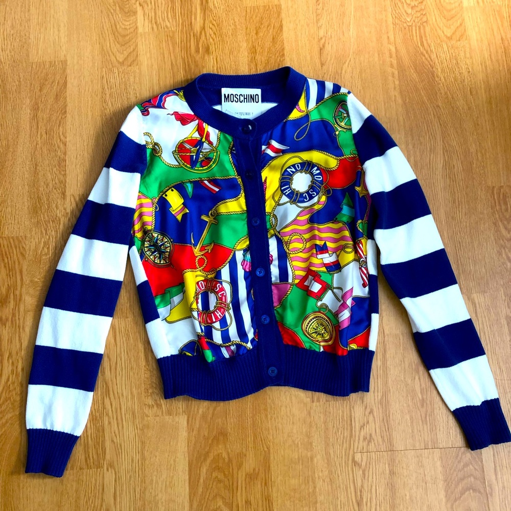 MOSCHINO Silk-Blend Striped Nautical-Print Cardigan Size 4